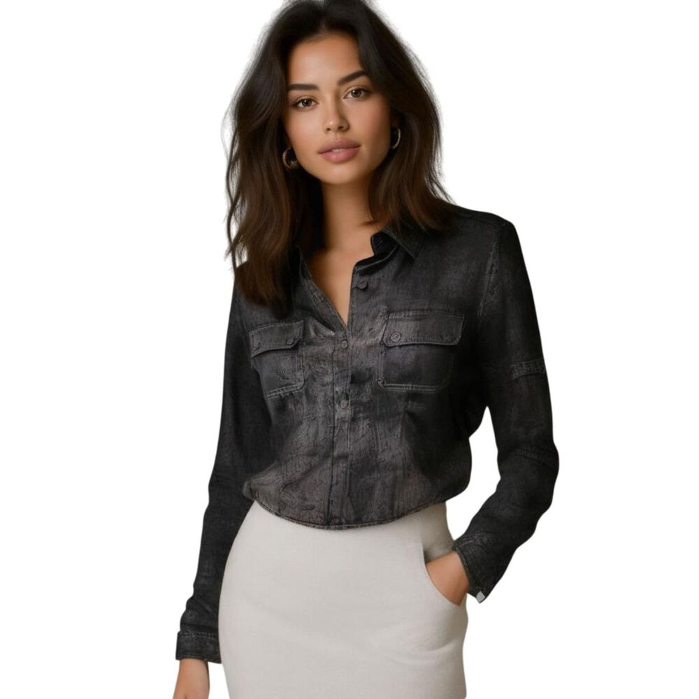 Calvin Klein Black Shimmer Texture Button Up Long Sleeve Top Size M